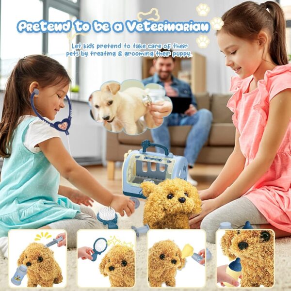 Pet Care Play Set Robot Dog Toys for Kids 12Pcs Poppy Dog Toy Pet Walk Grooming Vet Toys Set with Interactive Electric Dog