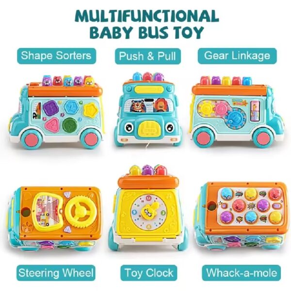 Music Activity Bus Baby Toy with Sound & Light Shape Sorter Whack-a-Mole Toys Interactive Game Cartoon School Bus for Kids - Image 2