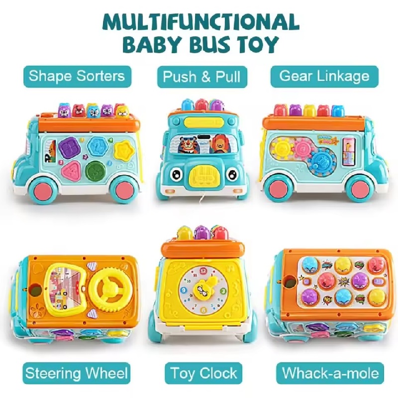 Music Activity Bus Baby Toy with Sound & Light Shape Sorter Whack-a-Mole Toys Interactive Game Cartoon School Bus for Kids