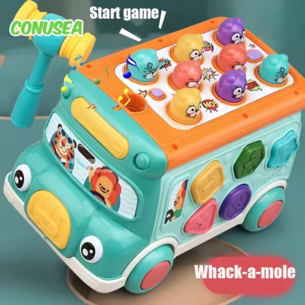 Music Activity Bus Baby Toy with Sound & Light Shape Sorter Whack-a-Mole Toys Interactive Game Cartoon School Bus for Kids