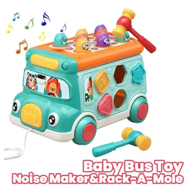 Music Activity Bus Baby Toy with Sound & Light Shape Sorter Whack-a-Mole Toys Interactive Game Cartoon School Bus for Kids - Image 3