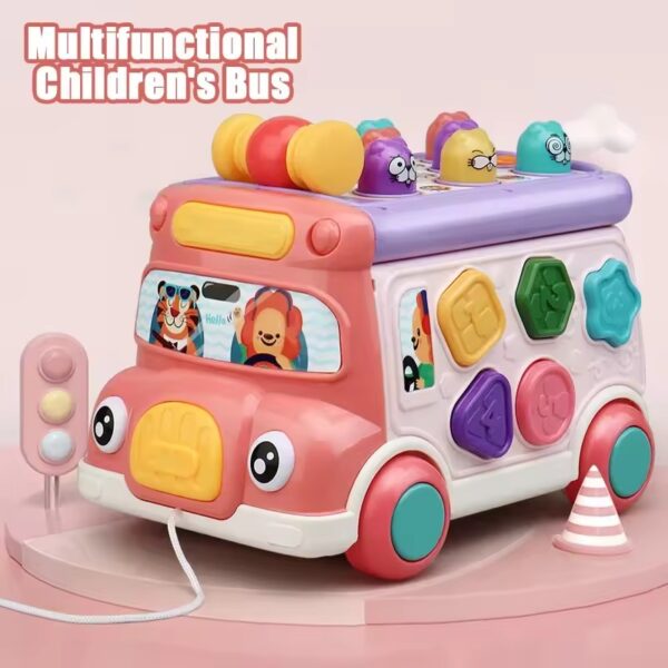 Music Activity Bus Baby Toy with Sound & Light Shape Sorter Whack-a-Mole Toys Interactive Game Cartoon School Bus for Kids - Image 5