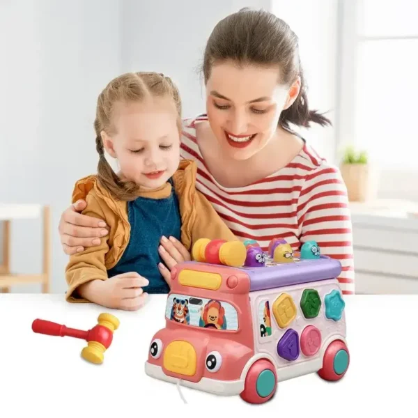 Music Activity Bus Baby Toy with Sound & Light Shape Sorter Whack-a-Mole Toys Interactive Game Cartoon School Bus for Kids - Image 7