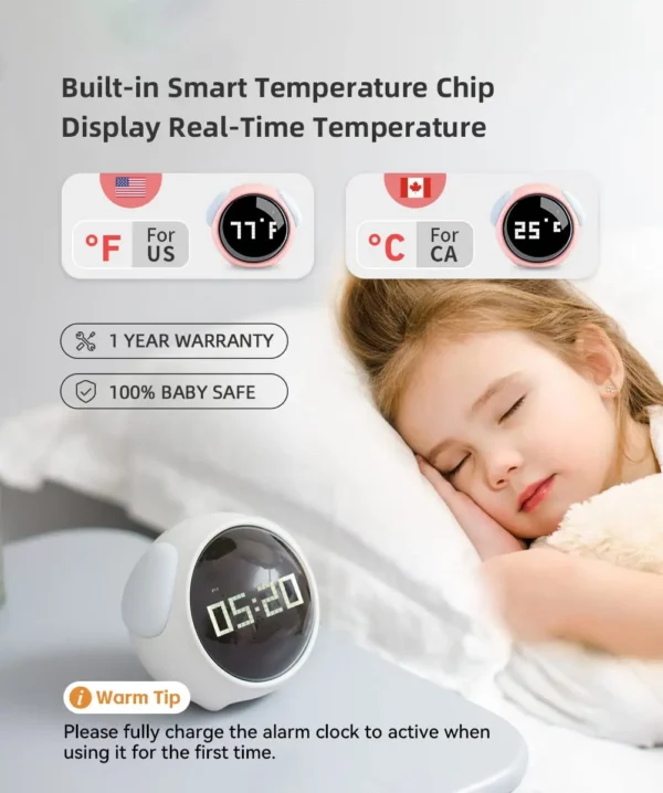 Children's alarm clock Dual alarm clock setting adjustable brightness night light voice controlled temperature detection snooze - Image 5