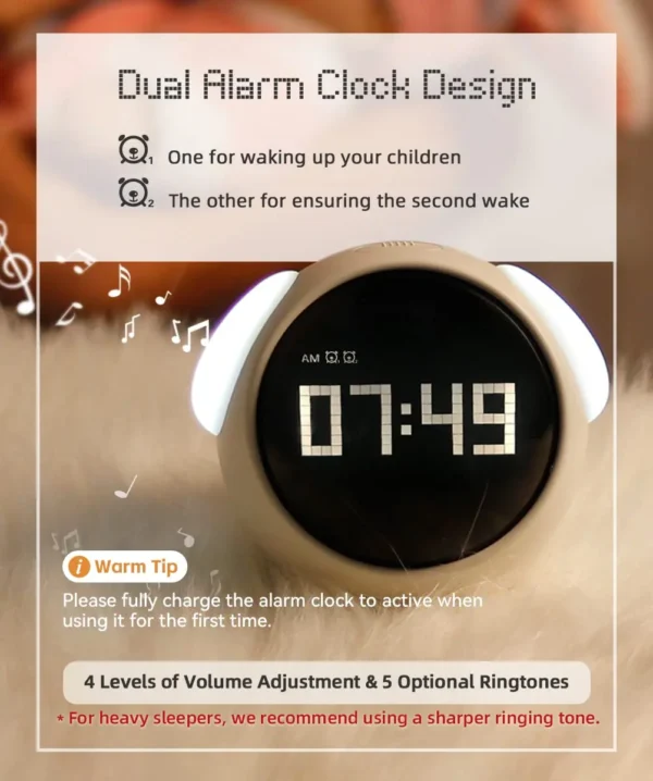 Children's alarm clock Dual alarm clock setting adjustable brightness night light voice controlled temperature detection snooze - Image 2